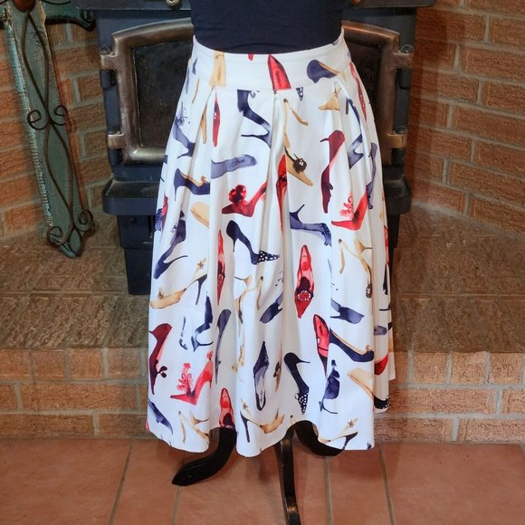 Depri White Swing Skirt Multicolor High Heel Print Size S - Picture 1 of 6